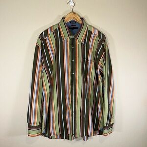 Tommy Hilfiger Men’s 2 Ply Fabric Green Multi Stripe Long Sleeve Dress Shirt XL